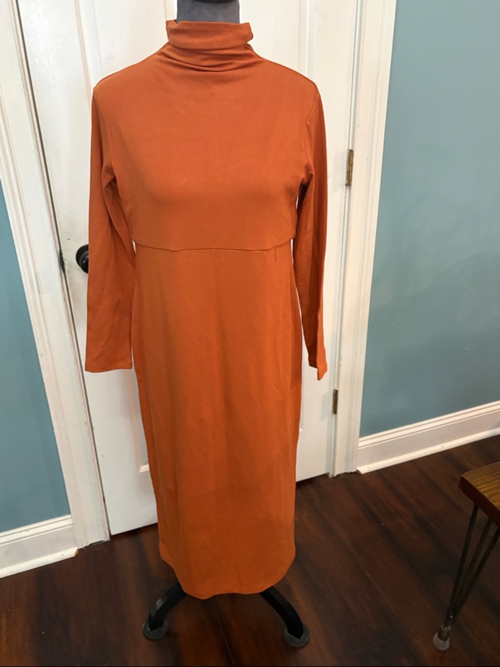 Women with Control Turtleneck Long-Sleeve Midi Dress in Rust Orange